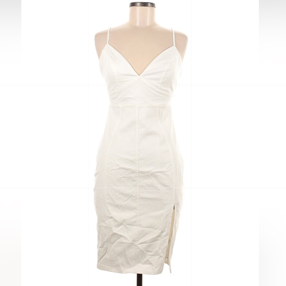 Lina Ivory Sleeveless Plunge Neckline Fitted Knee Length Side Slit Dress Sz S